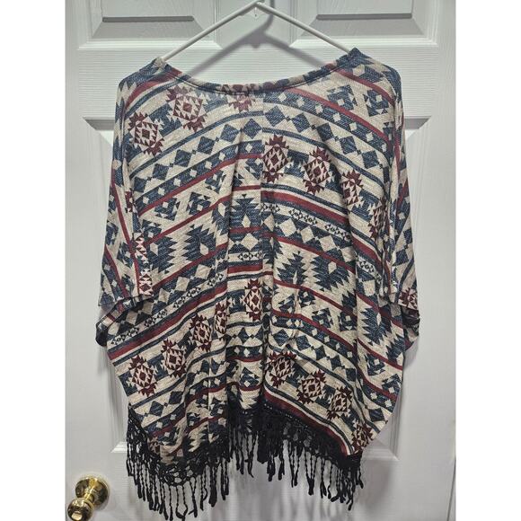 Signature Studio Fringe Poncho Top XL Boho Aztec Print Dolman Y2K - Picture 5 of 7